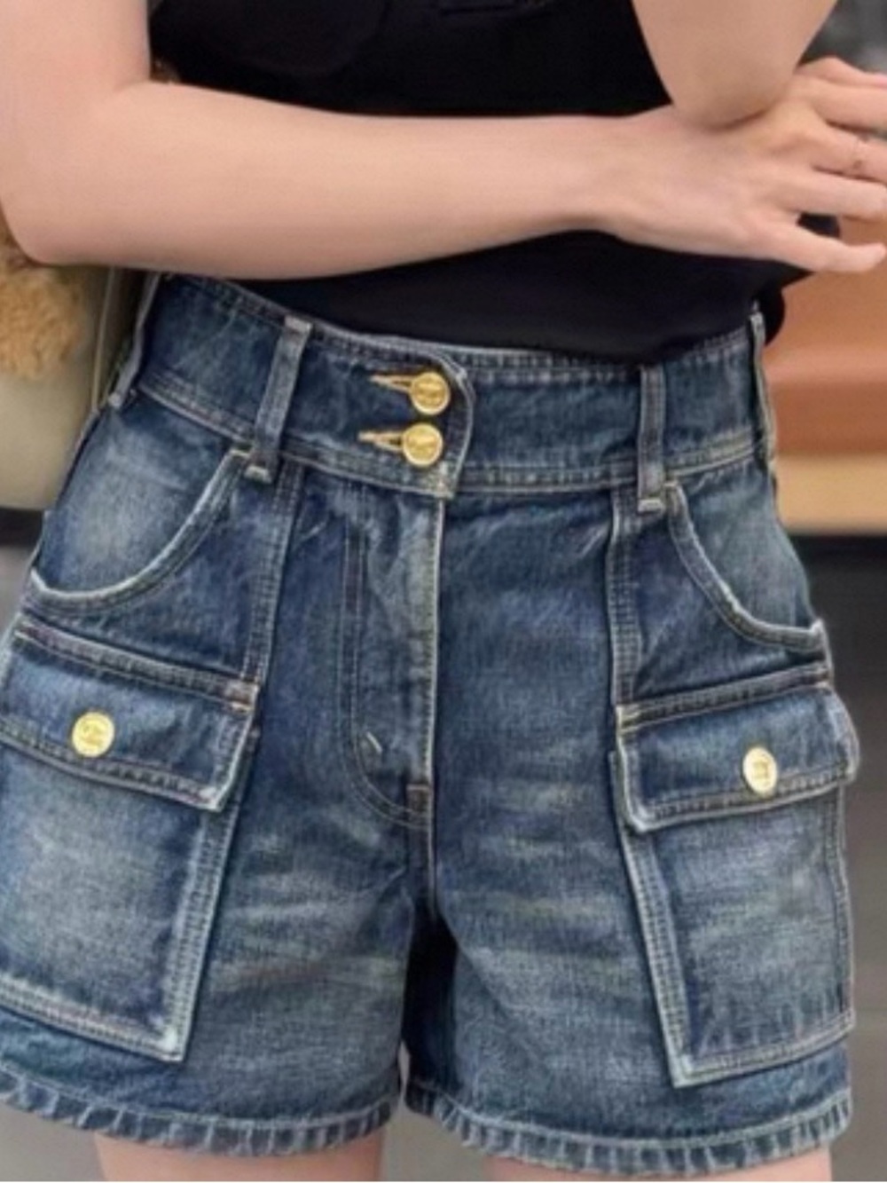 High-Waist Denim Cargo Shorts with Gold Buttons